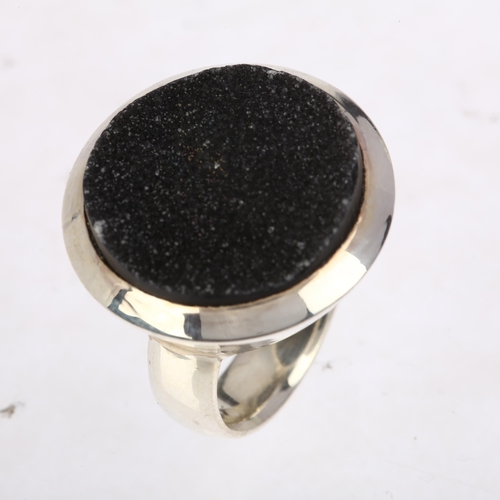 1486 - A modern sterling silver black druzy quartz ring, setting height 24mm, size P, 14.5g