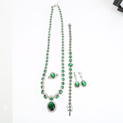 1494 - A modern silver green and white cubic zirconia cluster demi-parure, comprising necklace, 46cm, brace... 