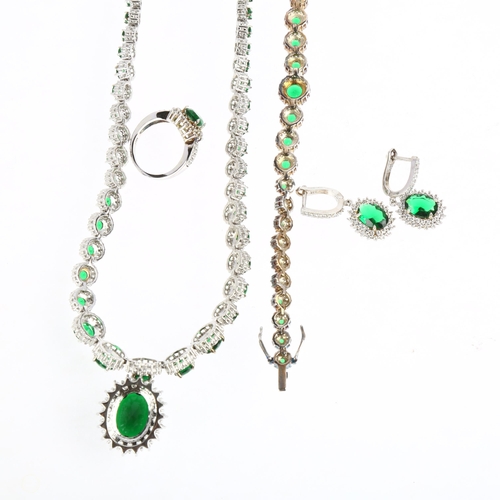 1494 - A modern silver green and white cubic zirconia cluster demi-parure, comprising necklace, 46cm, brace... 