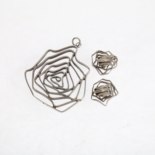 1497 - A Vintage silver spider web matching pendant and pair of clip-on earrings, maker JS, Sheffield 1970,... 