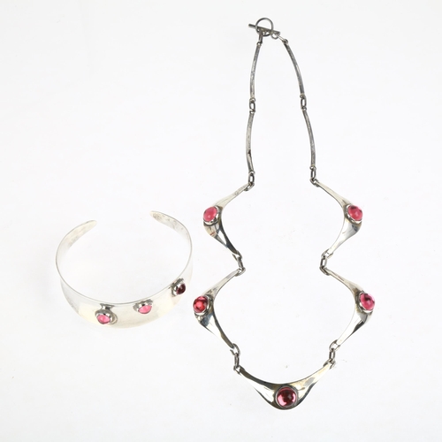 1500 - ULRICH - a Danish modernist sterling silver and pink glass necklace and torque bangle set, necklace ... 