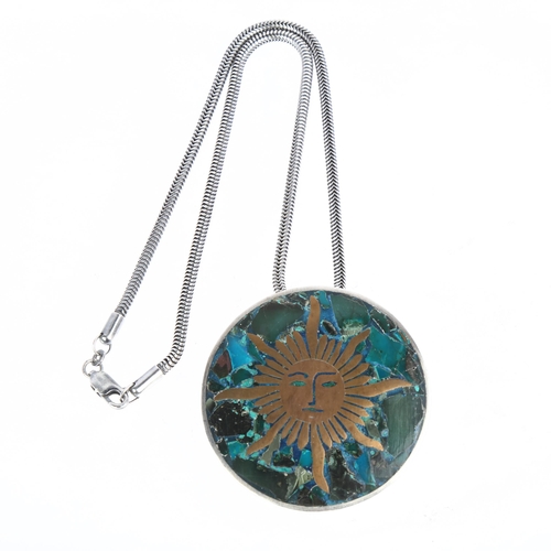 1503 - ANTONIO TAXCO - a large Mexican brass and composite stone inlaid sterling silver sun pendant necklac... 