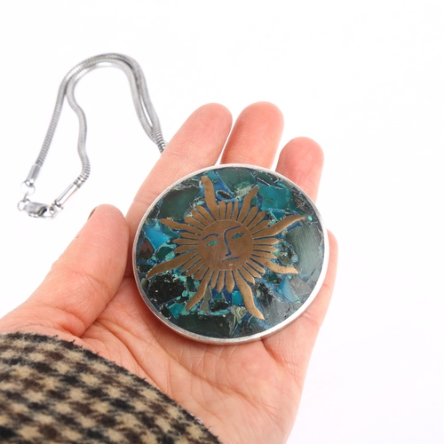 1503 - ANTONIO TAXCO - a large Mexican brass and composite stone inlaid sterling silver sun pendant necklac... 