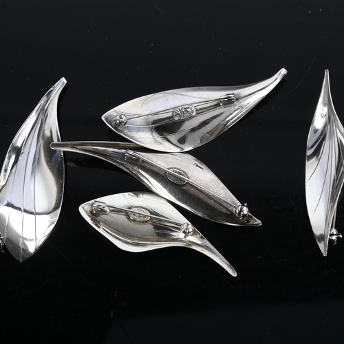 1505 - HERMANN SIERSBOL - 5 Danish modernist sterling silver leaf brooches, largest 71.5mm, 24.9g total (5)