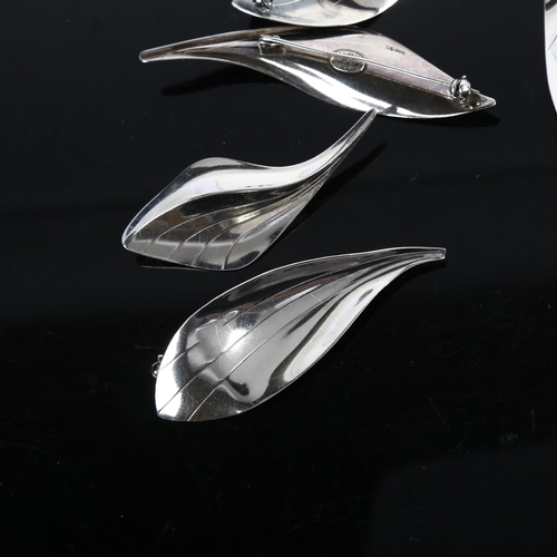 1505 - HERMANN SIERSBOL - 5 Danish modernist sterling silver leaf brooches, largest 71.5mm, 24.9g total (5)