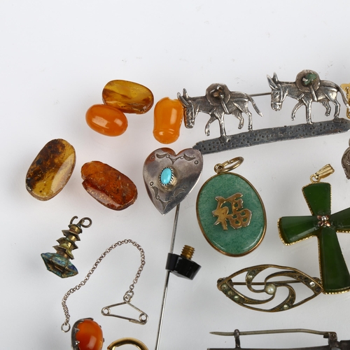 1516 - Various jewellery, including Navajo sterling silver and turquoise heart stickpin, butterscotch amber... 