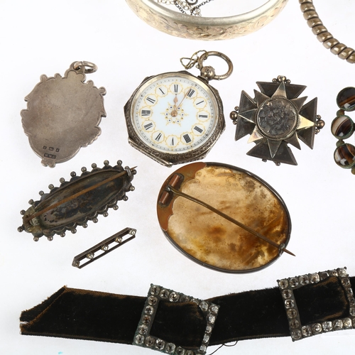 1517 - Various silver jewellery, including heavy shield fob medal, pair of Georgian paste buckles, agate pa... 