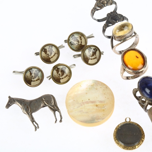 1519 - Various jewellery, including silver Claddagh rings, mother-of-pearl box, Kenart horse brooch etc