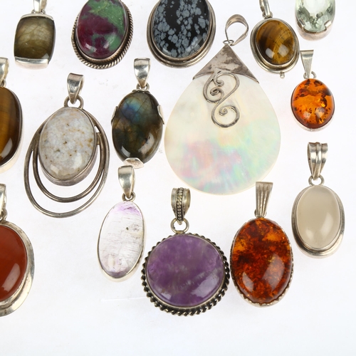 1523 - A quantity of silver gem set pendant, including snowflake obsidian, amber labradorite etc