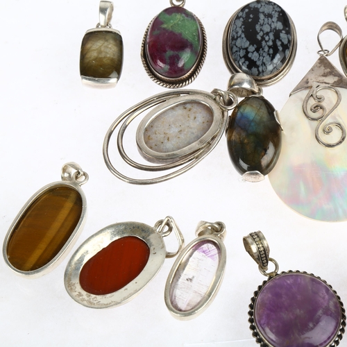 1523 - A quantity of silver gem set pendant, including snowflake obsidian, amber labradorite etc