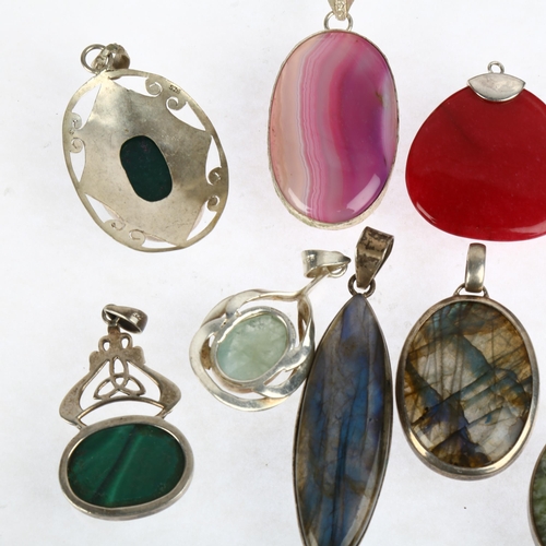 1524 - A quantity of silver gem set pendants, including pink lace agate, labradorite, malachite etc