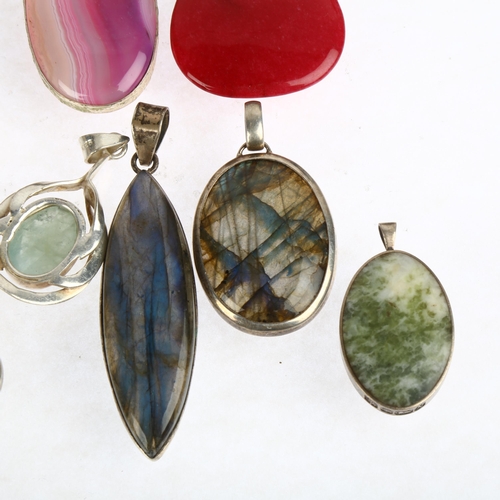 1524 - A quantity of silver gem set pendants, including pink lace agate, labradorite, malachite etc