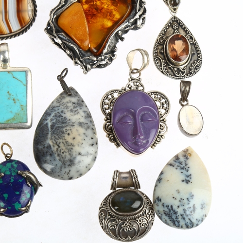 1525 - A quantity of silver gem set pendants, including dendrite, banded agate, amber etc