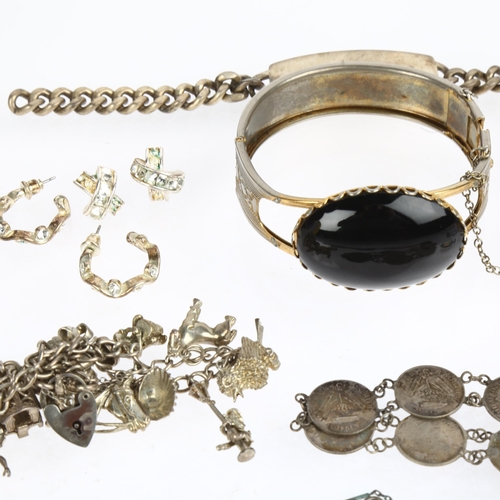 1526 - Various silver and costume jewellery, including curb link identity bracelet, charm bracelet etc