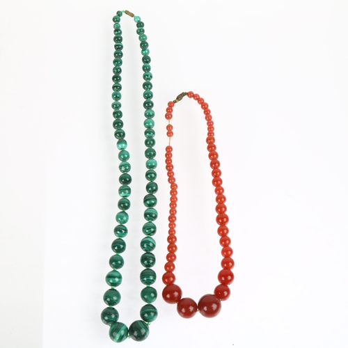 1532 - A single-strand graduated malachite bead necklace, and similar pink glass necklace, lengths 62cm and... 