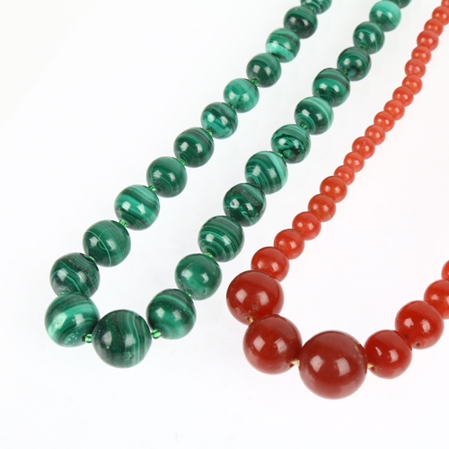 1532 - A single-strand graduated malachite bead necklace, and similar pink glass necklace, lengths 62cm and... 