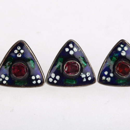 1543 - A set of 5 Arts and Crafts garnet and polychrome enamel dress buttons, circa 1910, apparently unmark... 