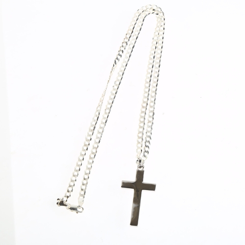 1549 - A modern sterling silver cross pendant necklace, on sterling flat curb link chain, pendant 43.4mm, c... 