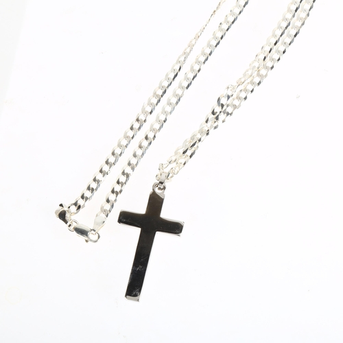 1549 - A modern sterling silver cross pendant necklace, on sterling flat curb link chain, pendant 43.4mm, c... 