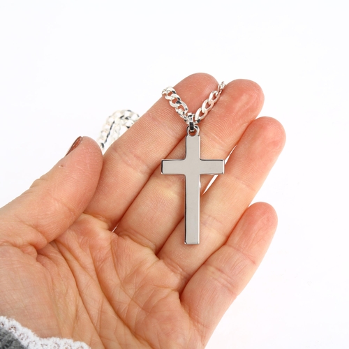 1549 - A modern sterling silver cross pendant necklace, on sterling flat curb link chain, pendant 43.4mm, c... 