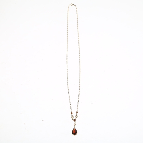 1569 - A late 20th century 9ct gold garnet and split pearl pendant necklace, 40cm, 2.8g