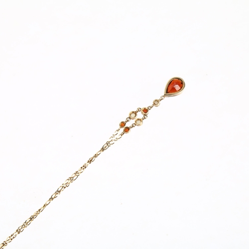 1569 - A late 20th century 9ct gold garnet and split pearl pendant necklace, 40cm, 2.8g