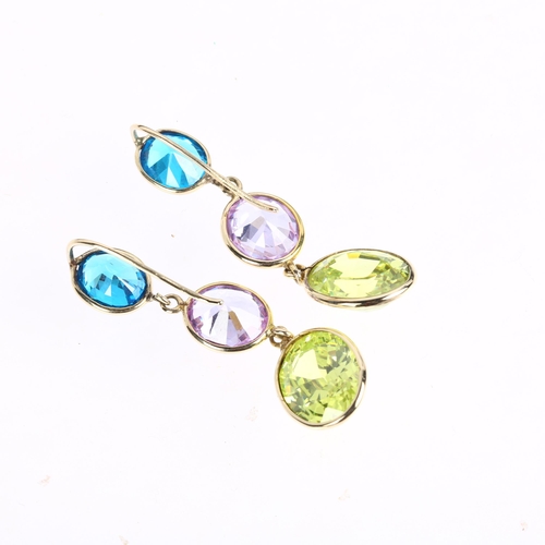 1574 - A pair of vari-hue cubic zirconia drop earrings, unmarked yellow metal settings, with shepherd hook ... 