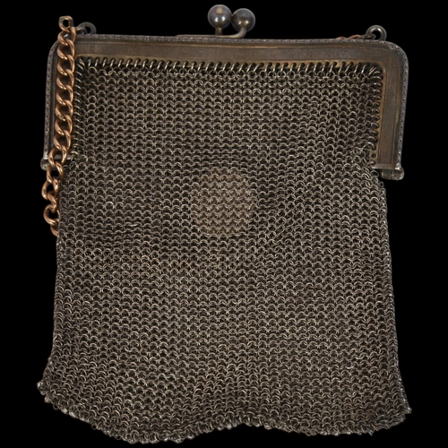 1614 - A French silver chainmail evening bag, with unmarked yellow metal curb link chain handle and applied... 