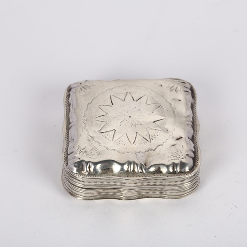 1618 - A Dutch silver snuffbox, shaped square form with bright-cut engraved star decoration, 5cm x 5cm, 0.6... 