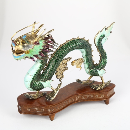 1629 - A Chinese silver-gilt cloisonne enamel dragon figure, realistically modelled with auspicious cloud w... 