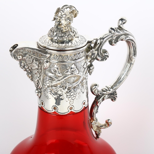 1643 - A good quality 19th century silver plate mounted ruby glass Claret jug, with grapevine knop, 25cm