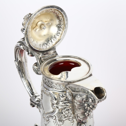 1643 - A good quality 19th century silver plate mounted ruby glass Claret jug, with grapevine knop, 25cm