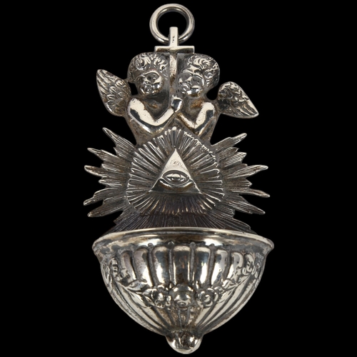 1653 - A German silver holy water receptacle circa 1900, with Eye of Providence, height 8cm, 1oz