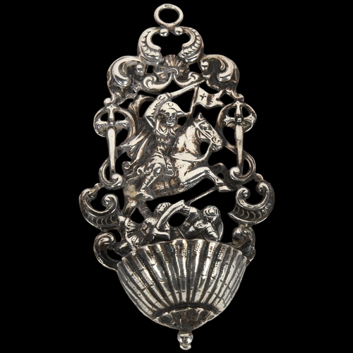 1654 - A German unmarked silver holy water receptacle, with relief embossed cavalier decoration, height 12c... 