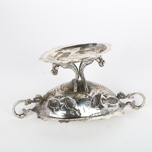 1657 - A 19th century Spanish silver pedestal table salt, with relief embossed fish decoration and mermaid ... 