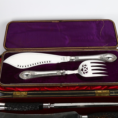 1658 - A George V silver-mounted horn carving set, Thomas Turner & Co, Sheffield 1912, and another cased si... 