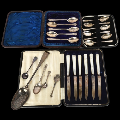 1672 - Various silver cutlery, including cased set of 6 mother-of-pearl handled fruit knives, a set of 6 te... 