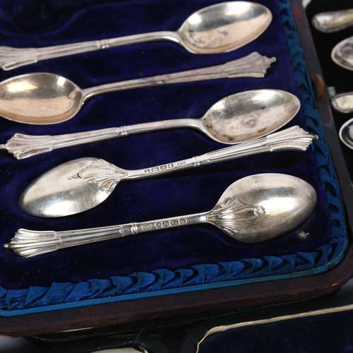 1672 - Various silver cutlery, including cased set of 6 mother-of-pearl handled fruit knives, a set of 6 te... 