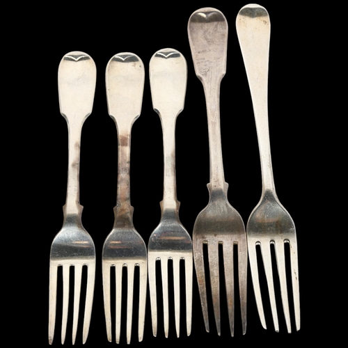 1678 - 5 silver forks, including George III and Victorian, maker's include William Eley I & William Fearn, ... 