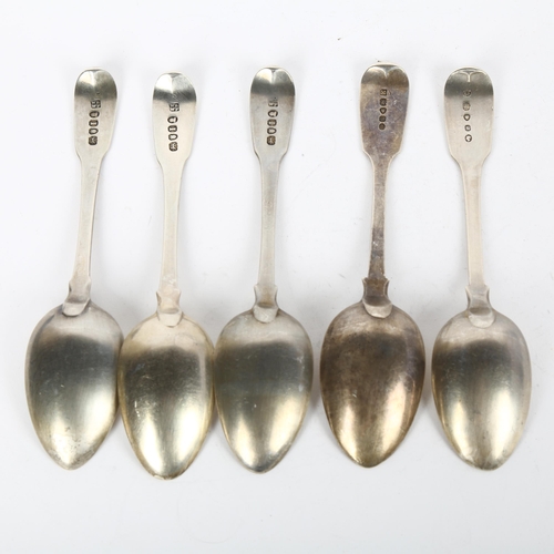 1679 - 5 x 19th century silver Fiddle pattern dessert spoons, including George III, makers include William ... 