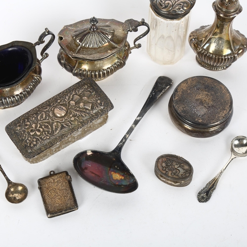 1680 - Various silver, including cruet set, dressing table powder jar, Vesta case etc, 10.3oz weighable