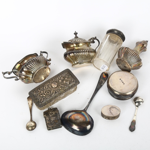 1680 - Various silver, including cruet set, dressing table powder jar, Vesta case etc, 10.3oz weighable