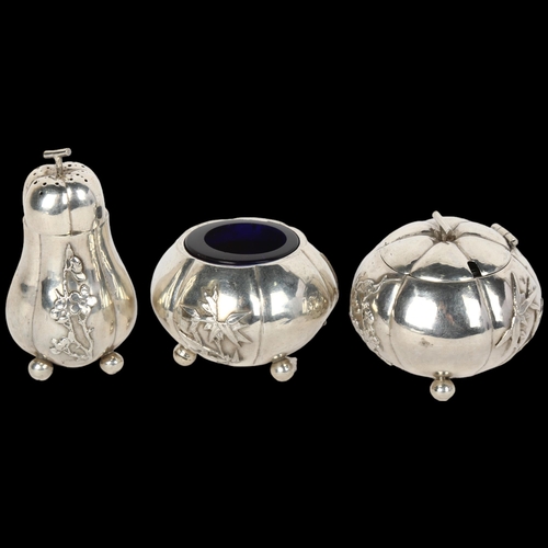 1689 - A Chinese export silver 3-piece cruet set, maker KC, circa 1900, comprising gourd pepperette, pumpki... 