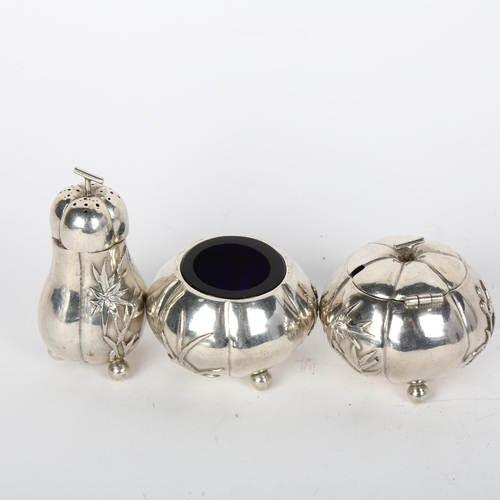 1689 - A Chinese export silver 3-piece cruet set, maker KC, circa 1900, comprising gourd pepperette, pumpki... 