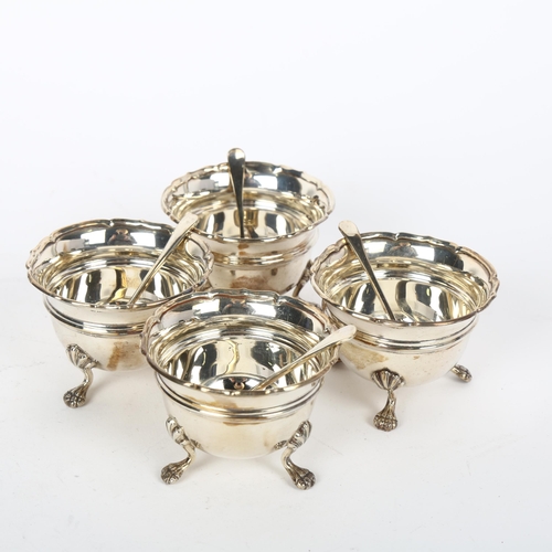 1691 - A George V silver 4-piece table salt cellar set, IS Greenberg & Co, Birmingham 1916, circular form w... 