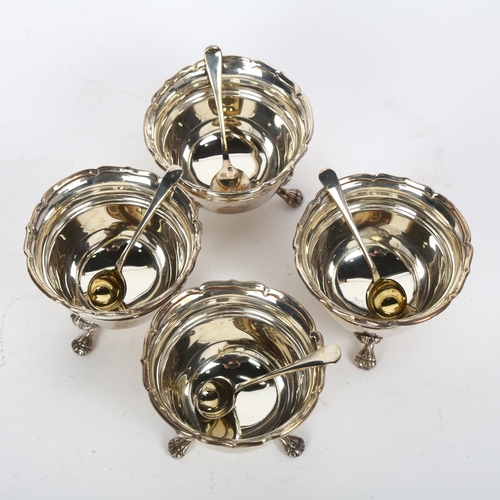 1691 - A George V silver 4-piece table salt cellar set, IS Greenberg & Co, Birmingham 1916, circular form w... 