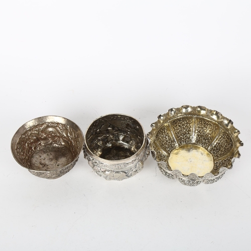 1694 - 3 Eastern white metal bowls, including Indian lobed example, diameter 11cm, 7.6oz total (3)