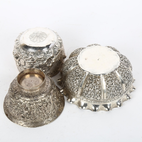 1694 - 3 Eastern white metal bowls, including Indian lobed example, diameter 11cm, 7.6oz total (3)