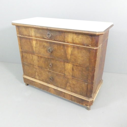 2128 - A French walnut marble topped commode chest of four long drawers. 122x102x55cm.