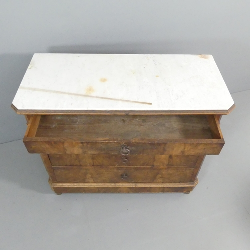 2128 - A French walnut marble topped commode chest of four long drawers. 122x102x55cm.